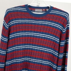 Hickey Freeman Sweater Mens XL Blue Red Striped Silk Cotton Cable Knit Pullover